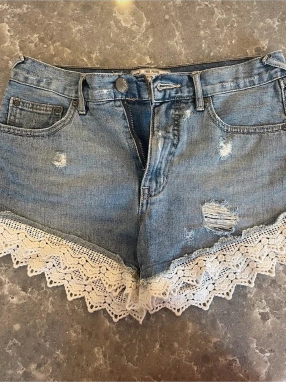 Free People Light Blue Denim Shorts with White Crochet Hem